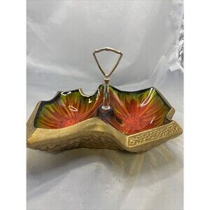 Vintage 70s Art Ceramic 2 Tier Serving Tray Handle Brown Orange Green Lava